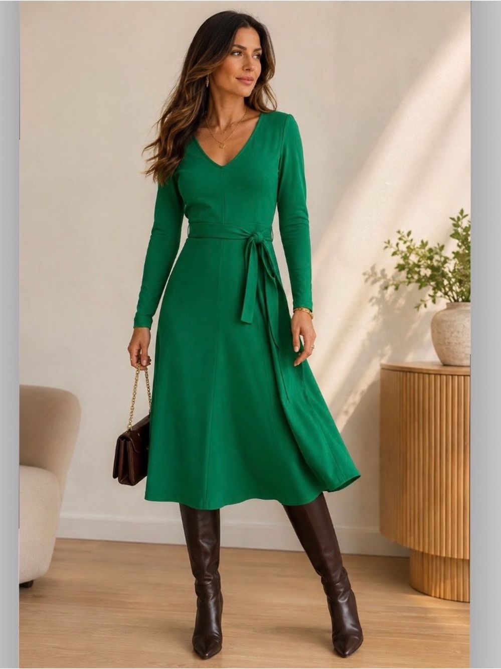 Boden Bella Ponte V-Neck Midi Dress Green Long Sleeve Belted US 16-18R